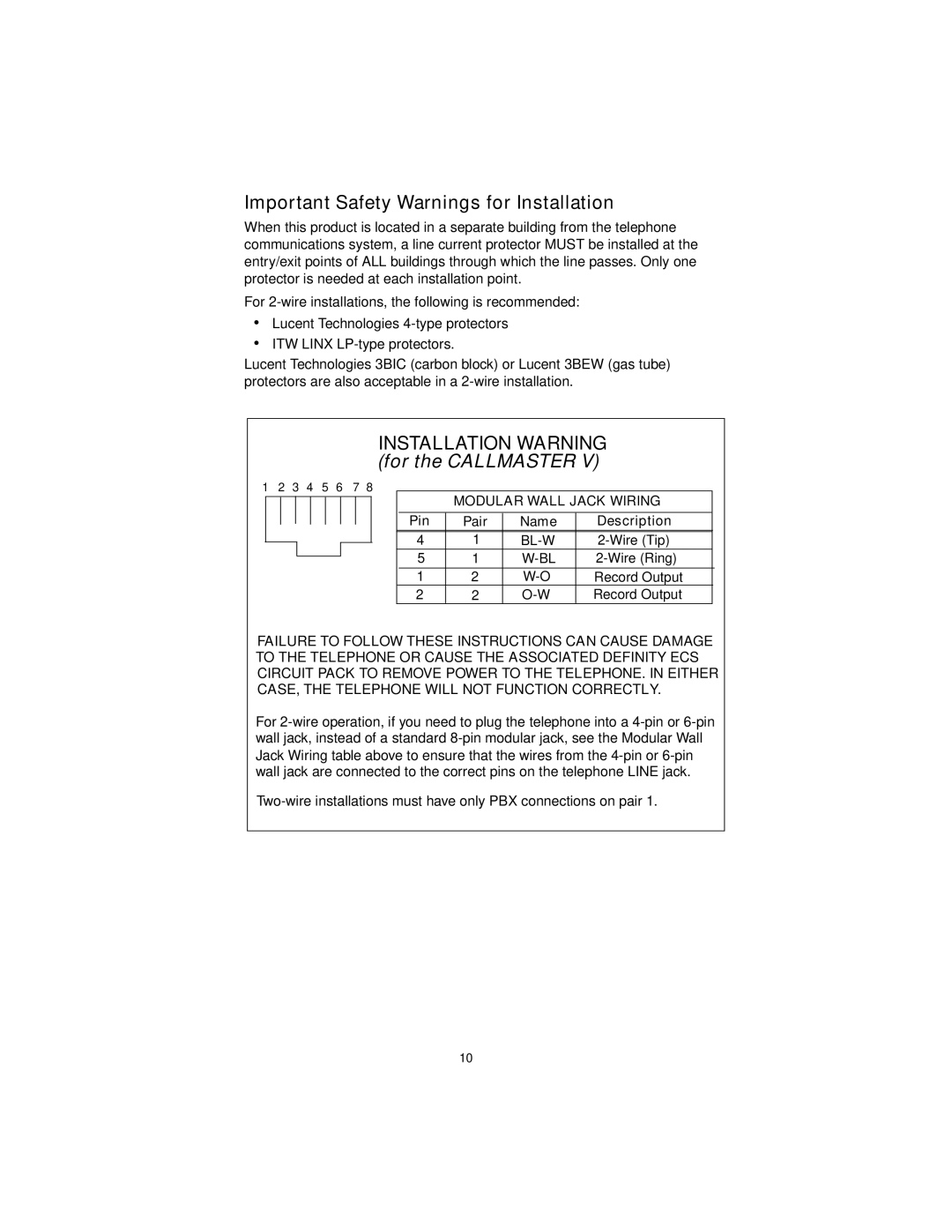 Avaya Callmaster V manual Important Safety Warnings for Installation, Pin Pair Name Description 