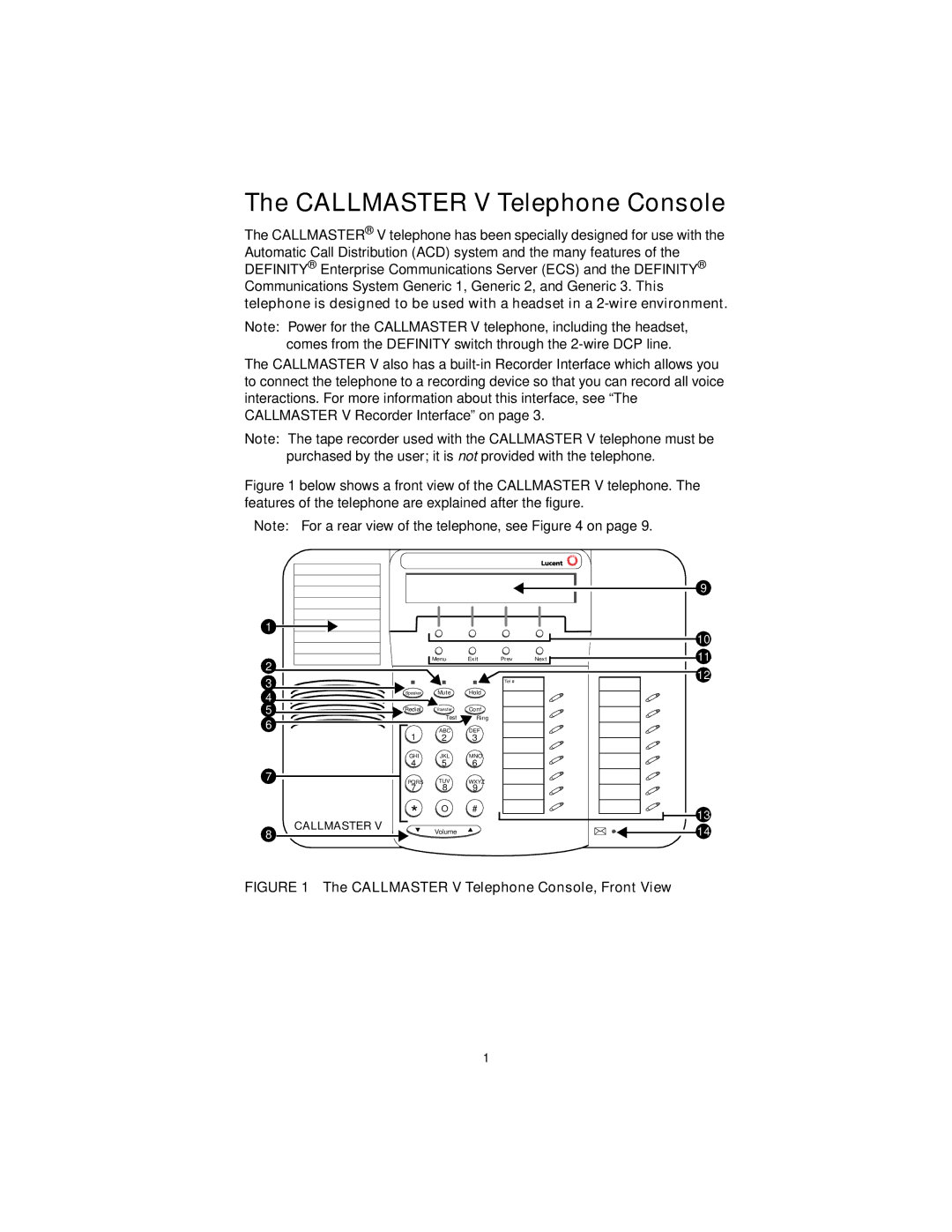 Avaya manual Callmaster V Telephone Console, Front View 