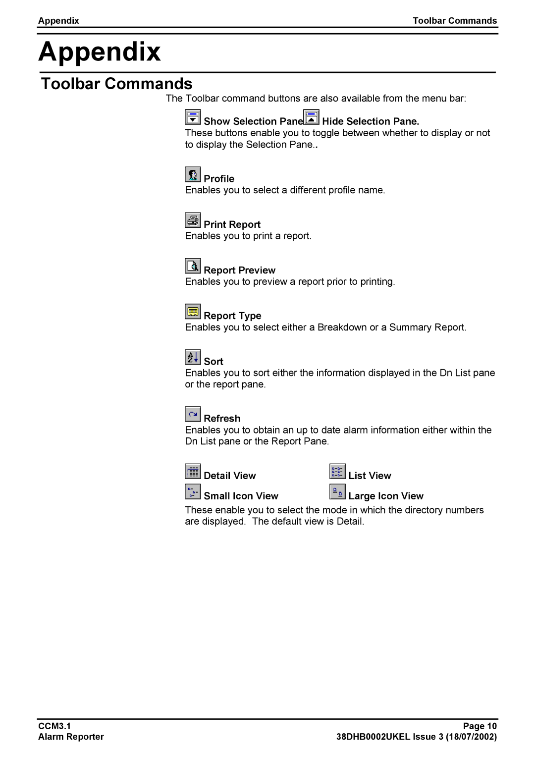 Avaya CCM3.1 manual Appendix, Toolbar Commands 