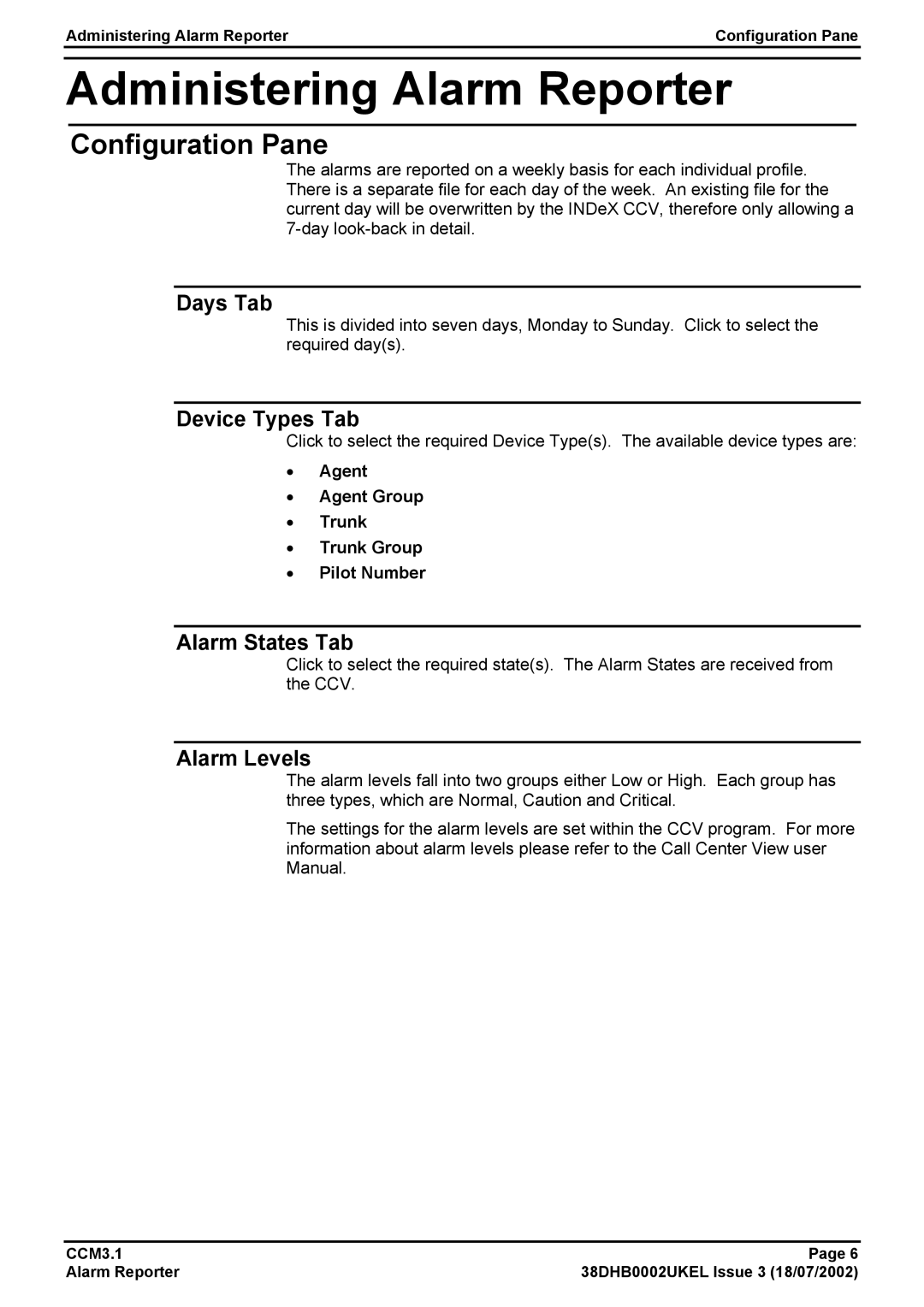 Avaya CCM3.1 manual Administering Alarm Reporter, Configuration Pane 