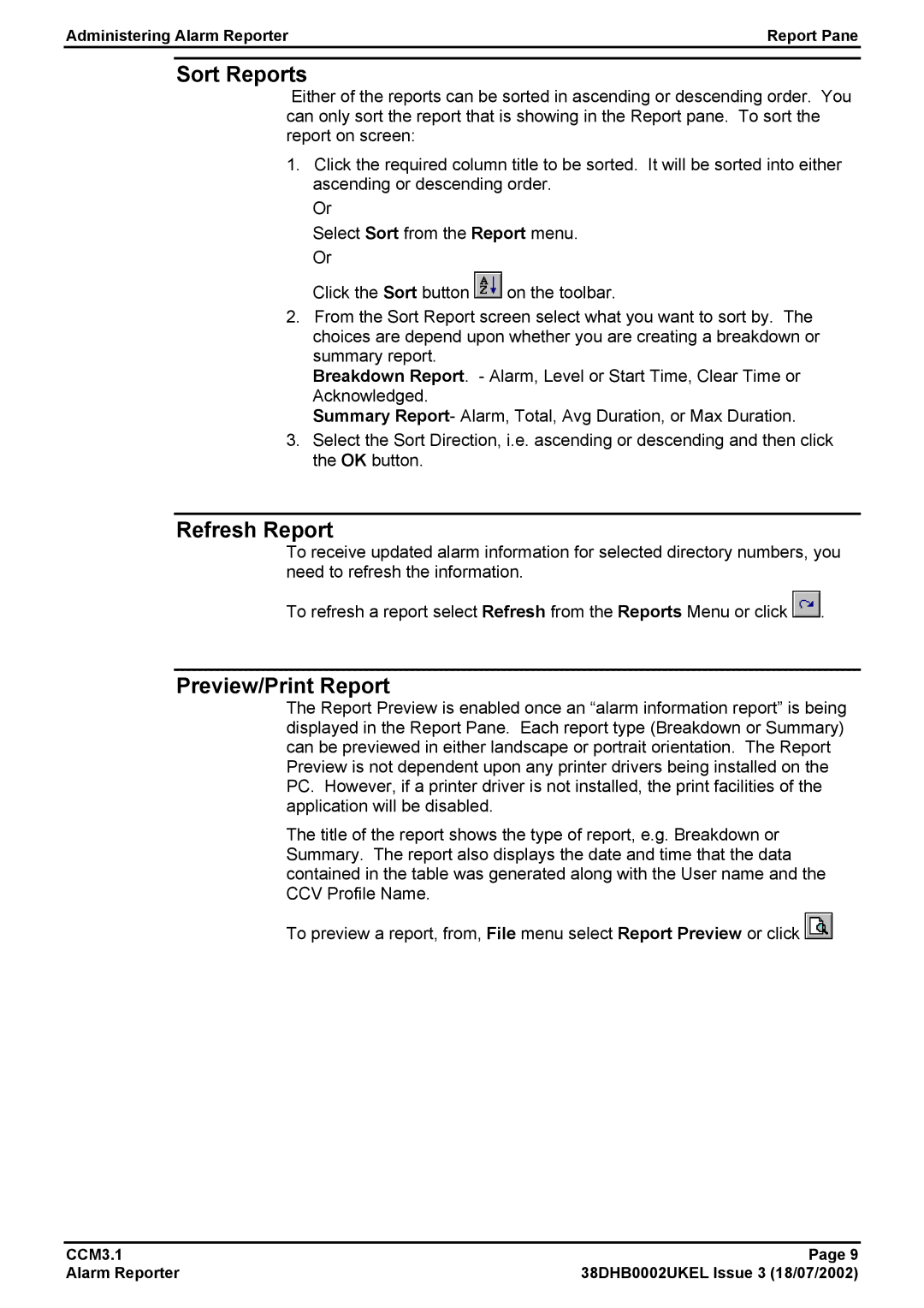 Avaya CCM3.1 manual Sort Reports, Refresh Report, Preview/Print Report 