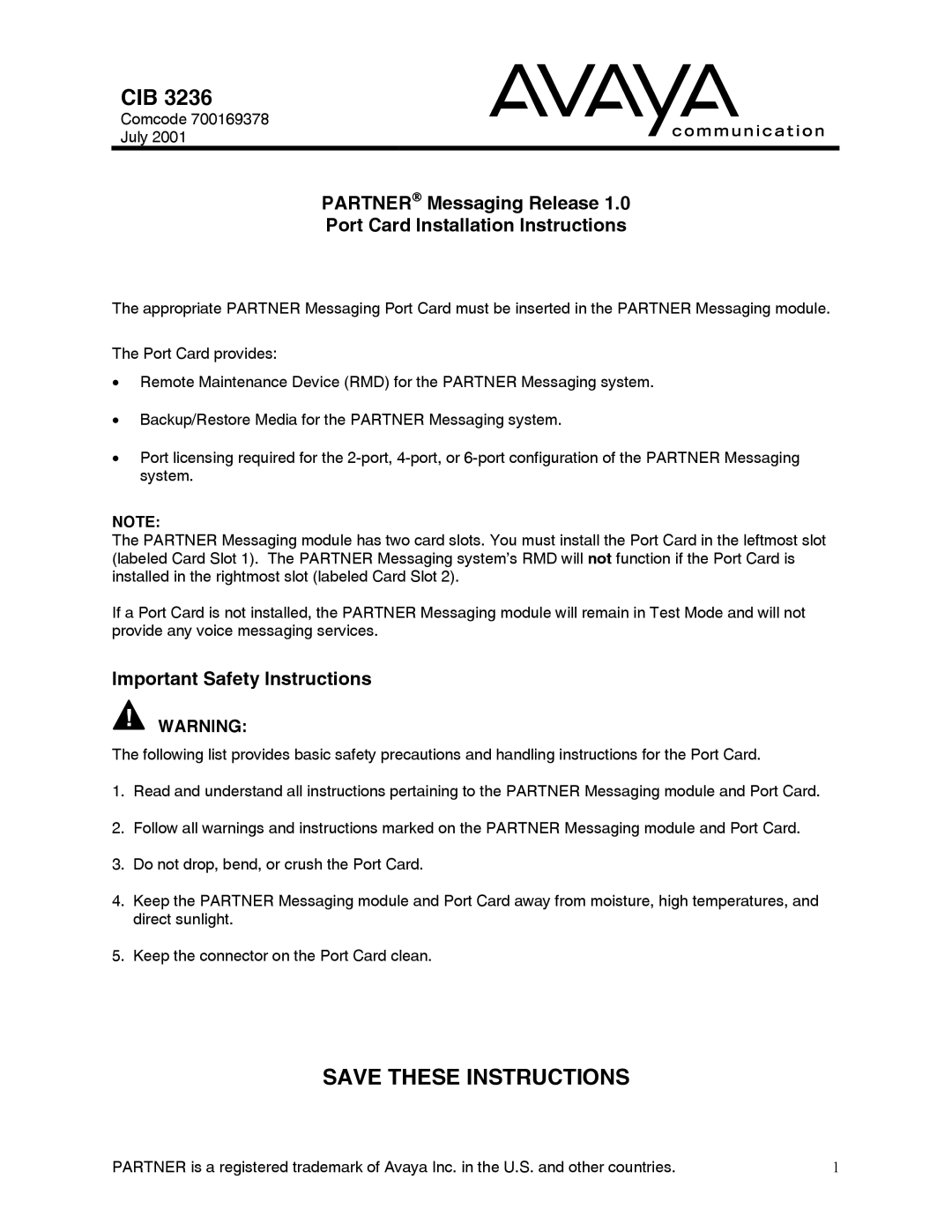 Avaya CIB 3236 important safety instructions Cib, Important Safety Instructions 