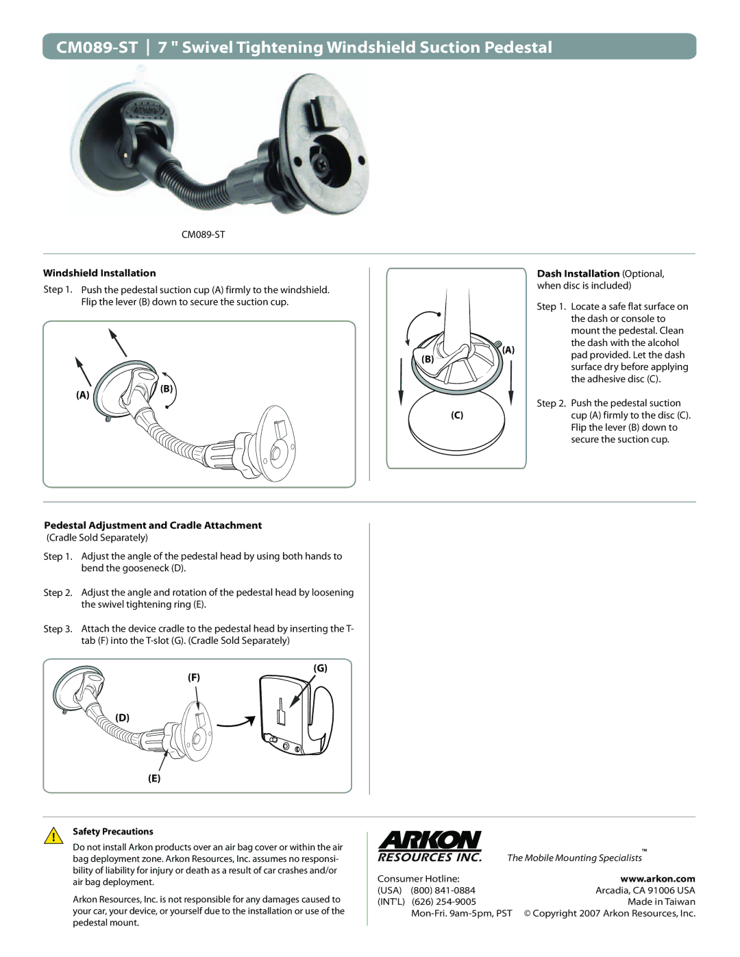 Avaya manual CM089-ST 7 Swivel Tightening Windshield Suction Pedestal, Windshield Installation, Safety Precautions 