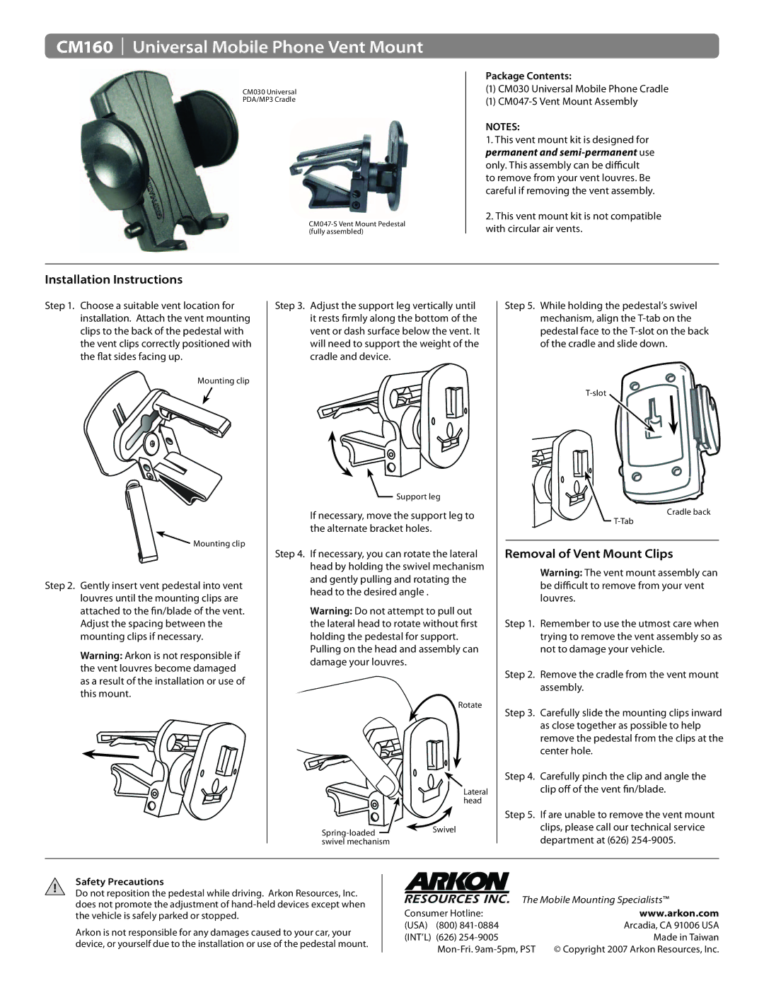 Avaya installation instructions CM160 Universal Mobile Phone Vent Mount, Installation Instructions, Package Contents 