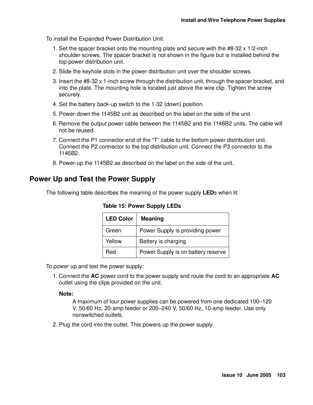 Avaya CMC1 manual Power Up and Test the Power Supply, Power Supply LEDs LED Color Meaning 