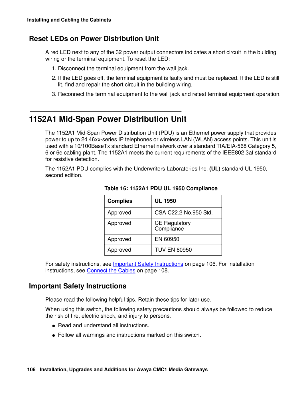 Avaya CMC1 1152A1 Mid-Span Power Distribution Unit, Reset LEDs on Power Distribution Unit, Important Safety Instructions 