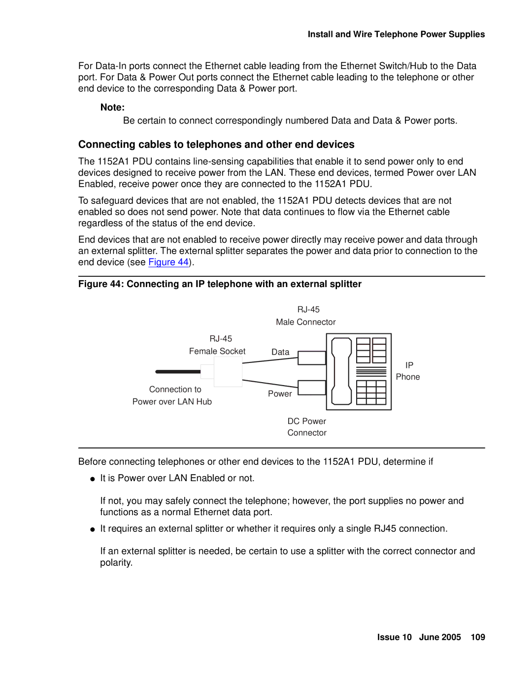 Avaya CMC1 Connecting cables to telephones and other end devices, Connecting an IP telephone with an external splitter 