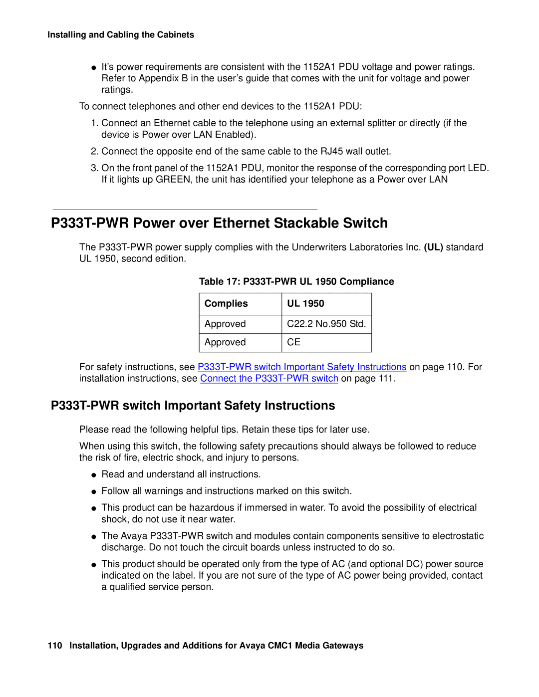 Avaya CMC1 manual P333T-PWR Power over Ethernet Stackable Switch, P333T-PWR switch Important Safety Instructions 