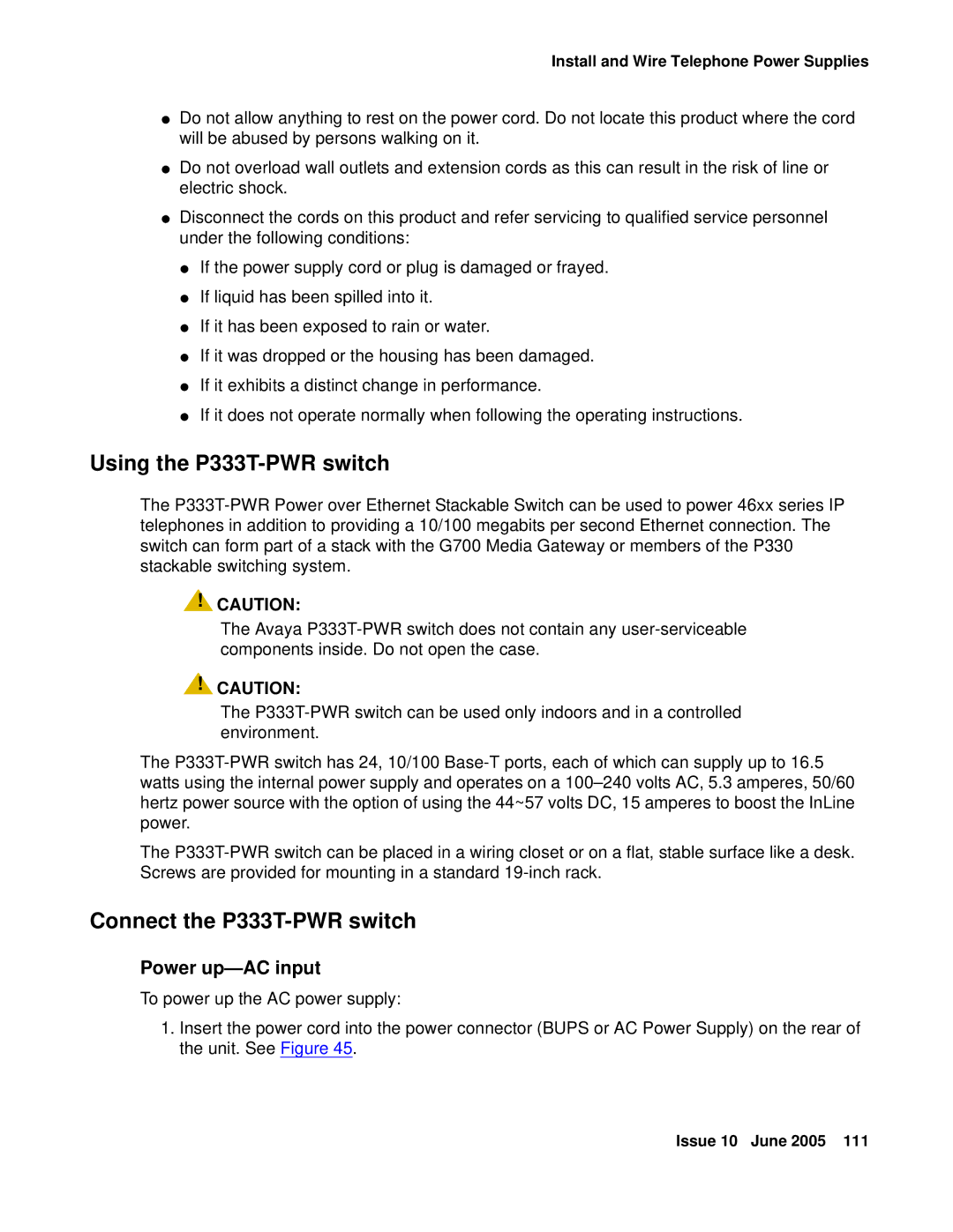 Avaya CMC1 manual Using the P333T-PWR switch, Connect the P333T-PWR switch, Power up-AC input 