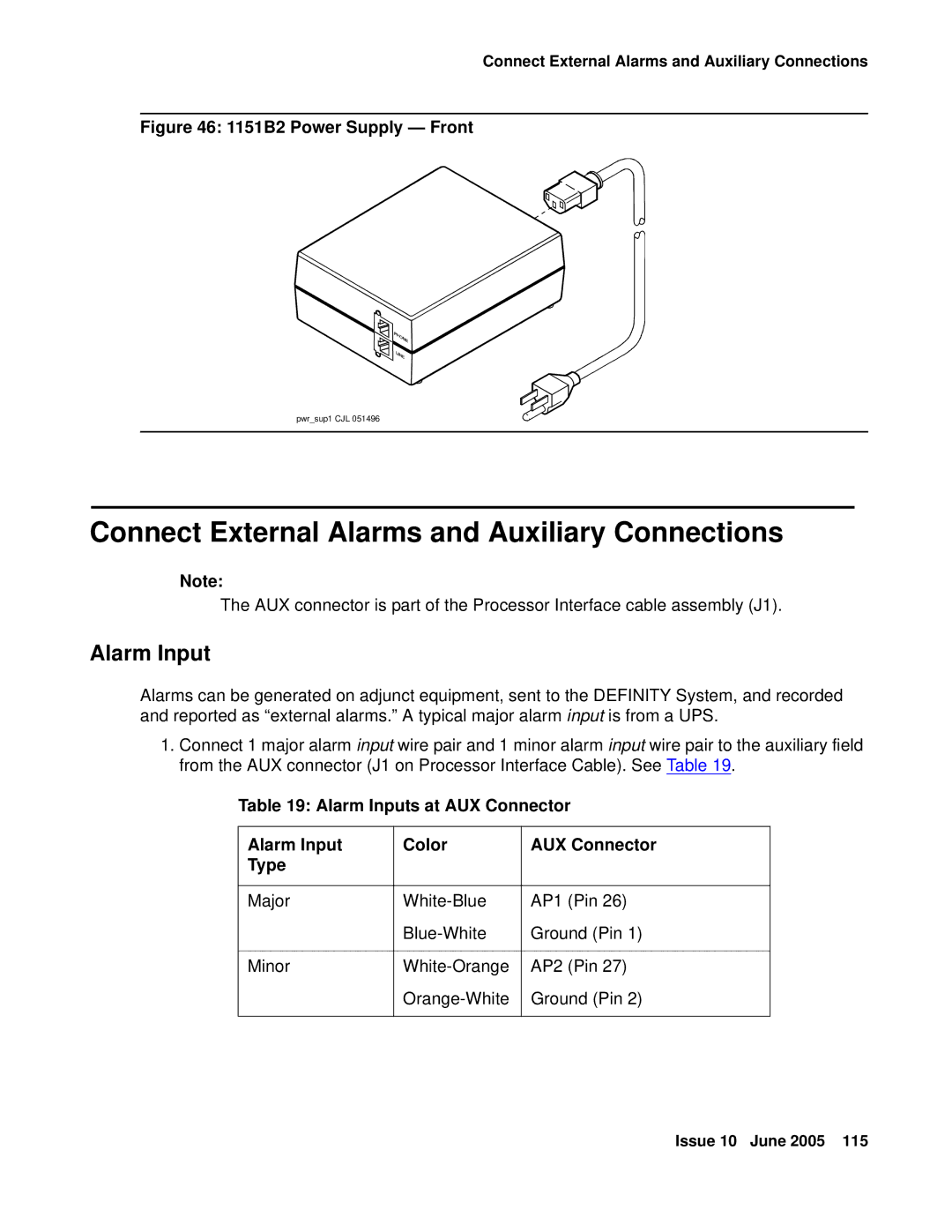 Avaya CMC1 manual Connect External Alarms and Auxiliary Connections, Alarm Inputs at AUX Connector Color Type 