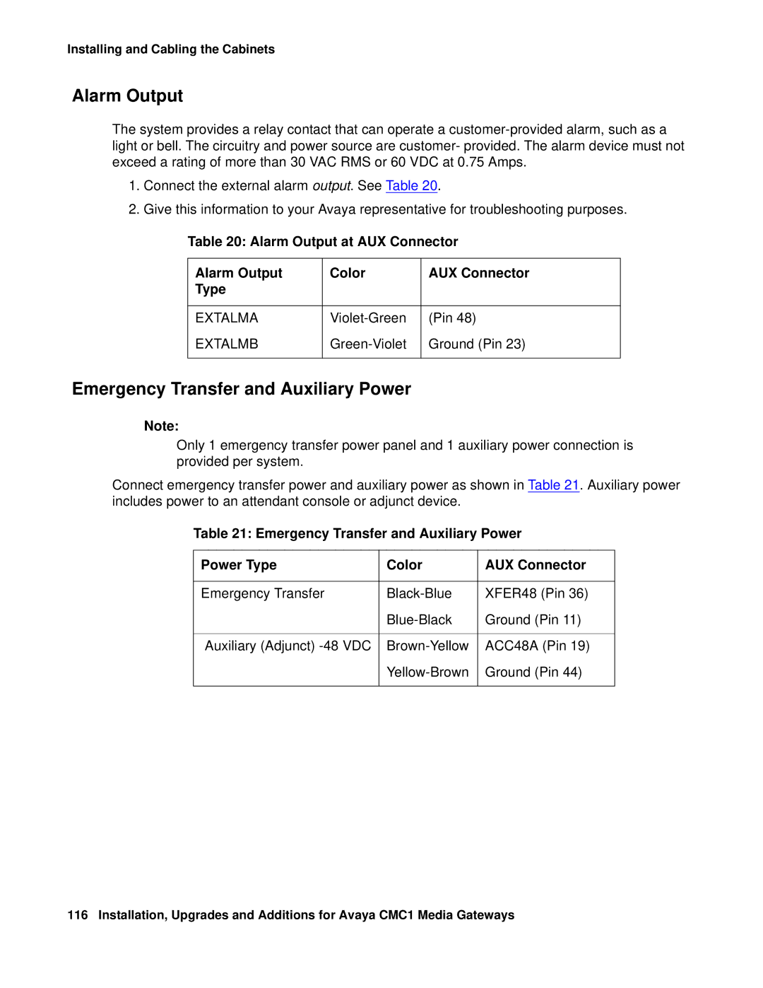 Avaya CMC1 manual Emergency Transfer and Auxiliary Power, Alarm Output at AUX Connector Color Type 