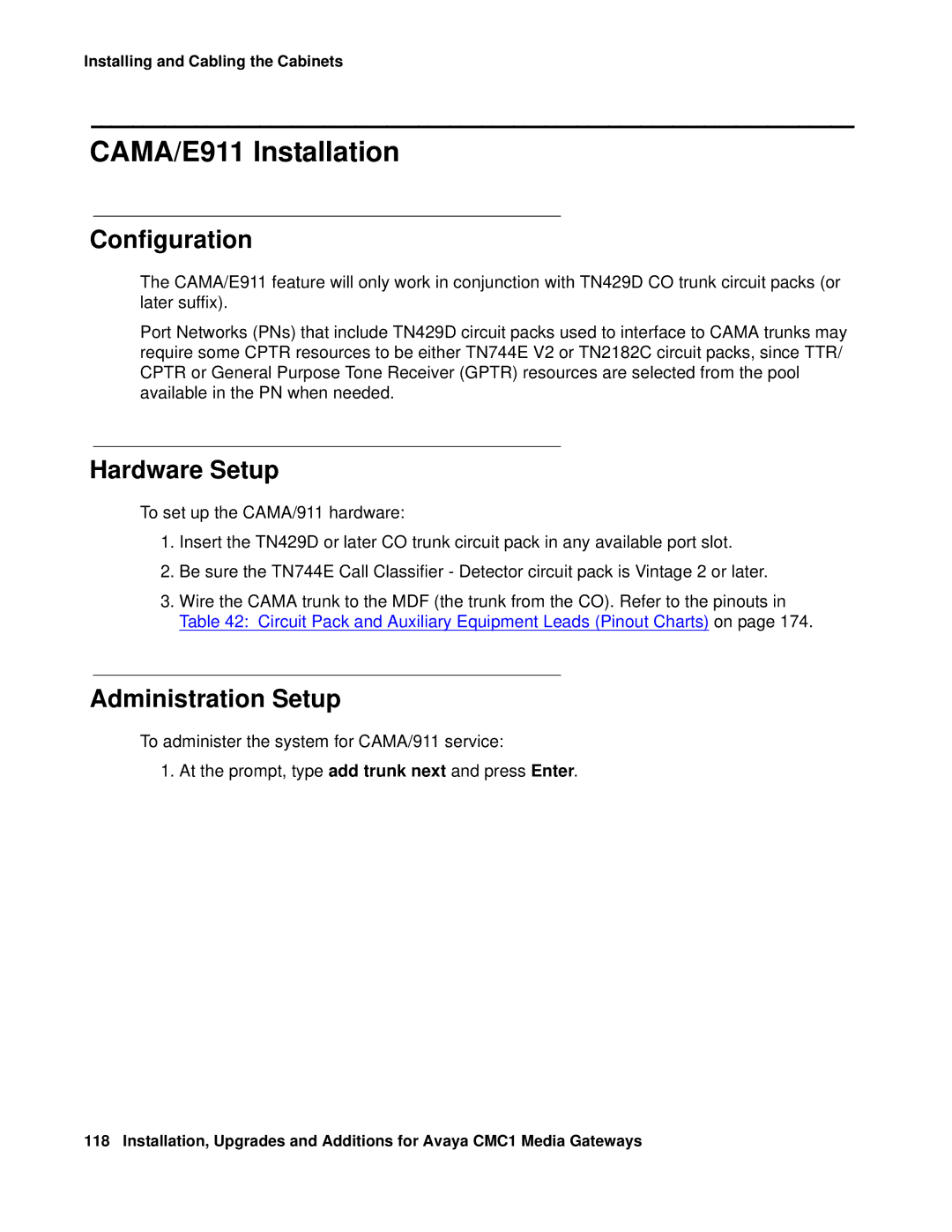 Avaya CMC1 manual CAMA/E911 Installation, Configuration, Hardware Setup, Administration Setup 