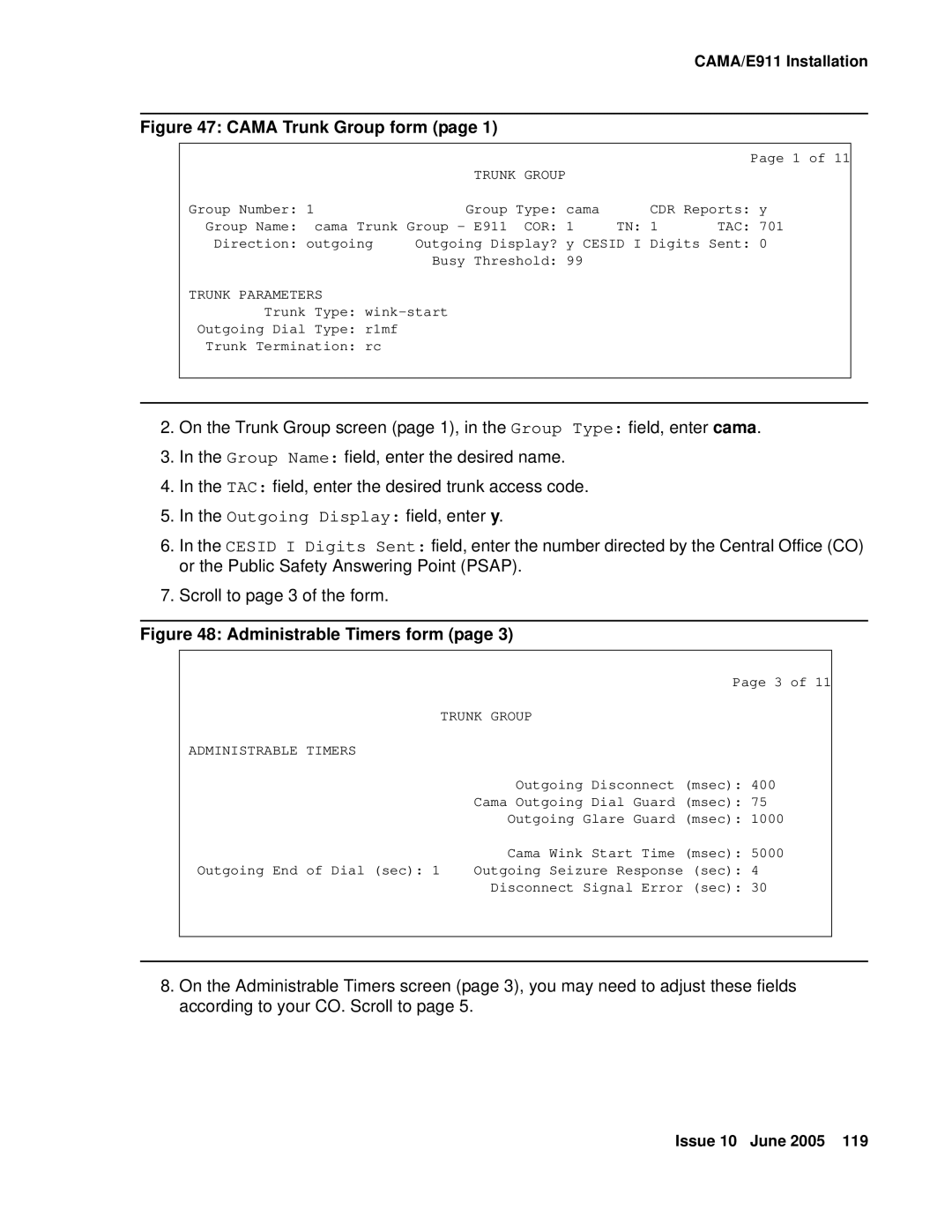 Avaya CMC1 manual Tac, Trunk Parameters, Trunk Group Administrable Timers 