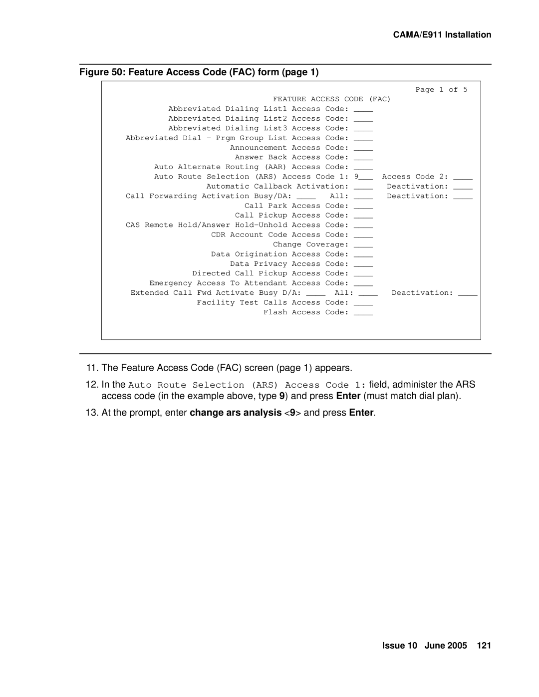 Avaya CMC1 manual Feature Access Code FAC form 