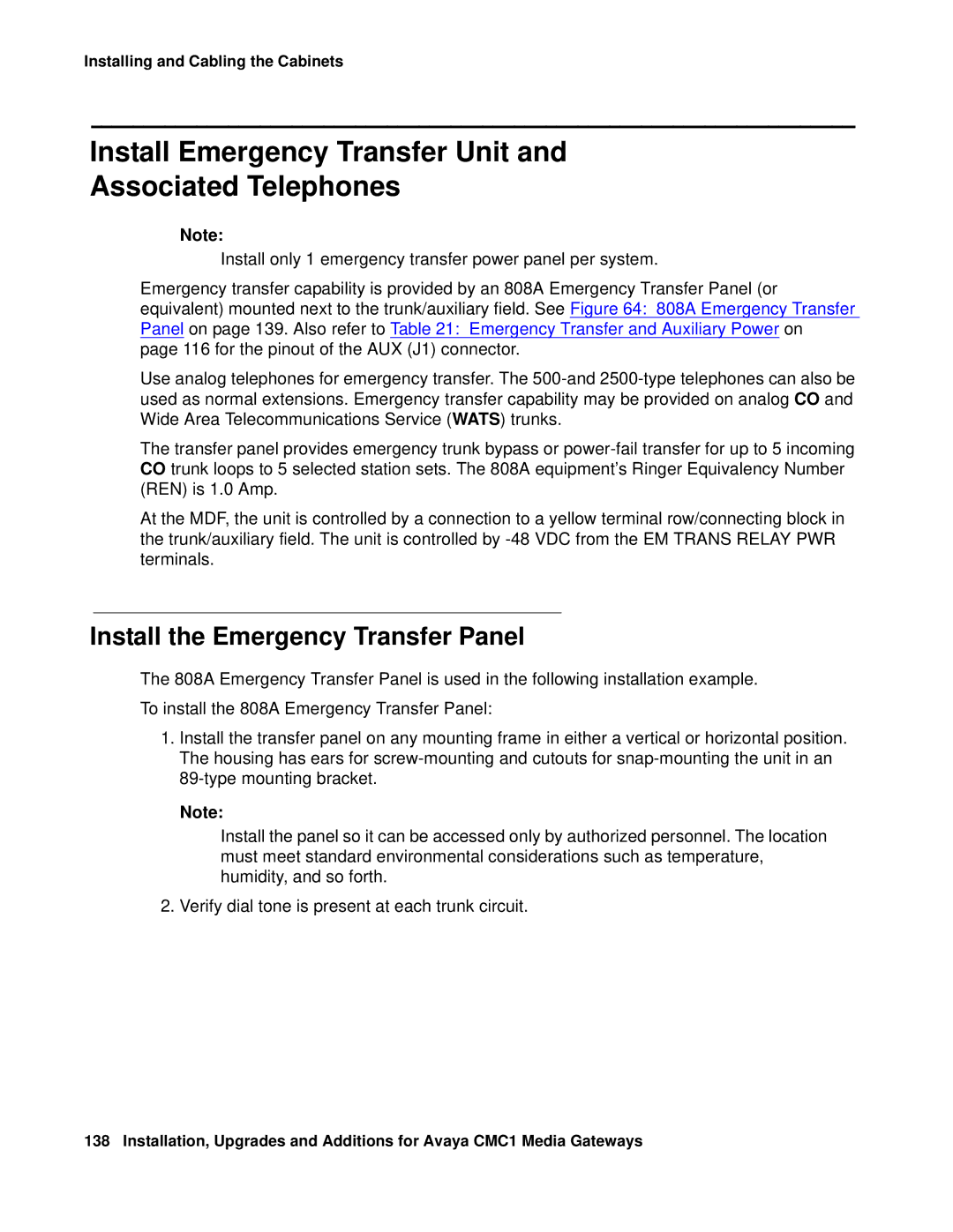 Avaya CMC1 manual Install Emergency Transfer Unit Associated Telephones, Install the Emergency Transfer Panel 