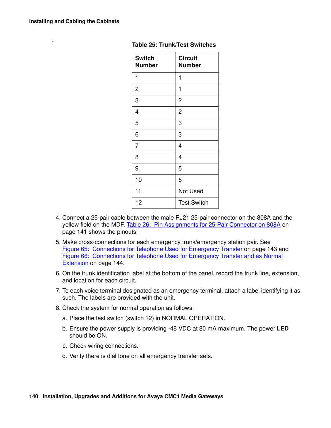 Avaya CMC1 manual Trunk/Test Switches Circuit Number 