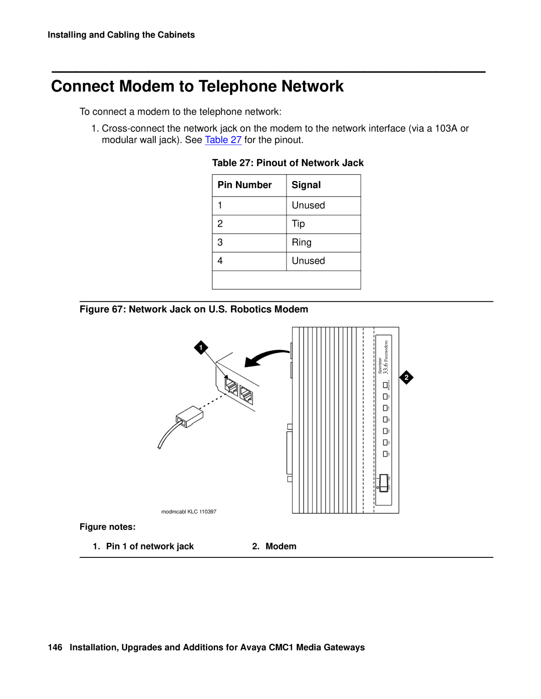 Avaya CMC1 manual Connect Modem to Telephone Network, Pinout of Network Jack Pin Number Signal 