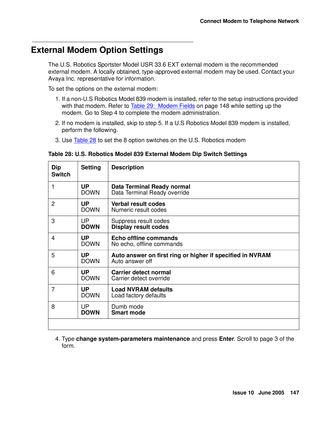 Avaya CMC1 manual External Modem Option Settings, Echo offline commands, Carrier detect normal, Load Nvram defaults 