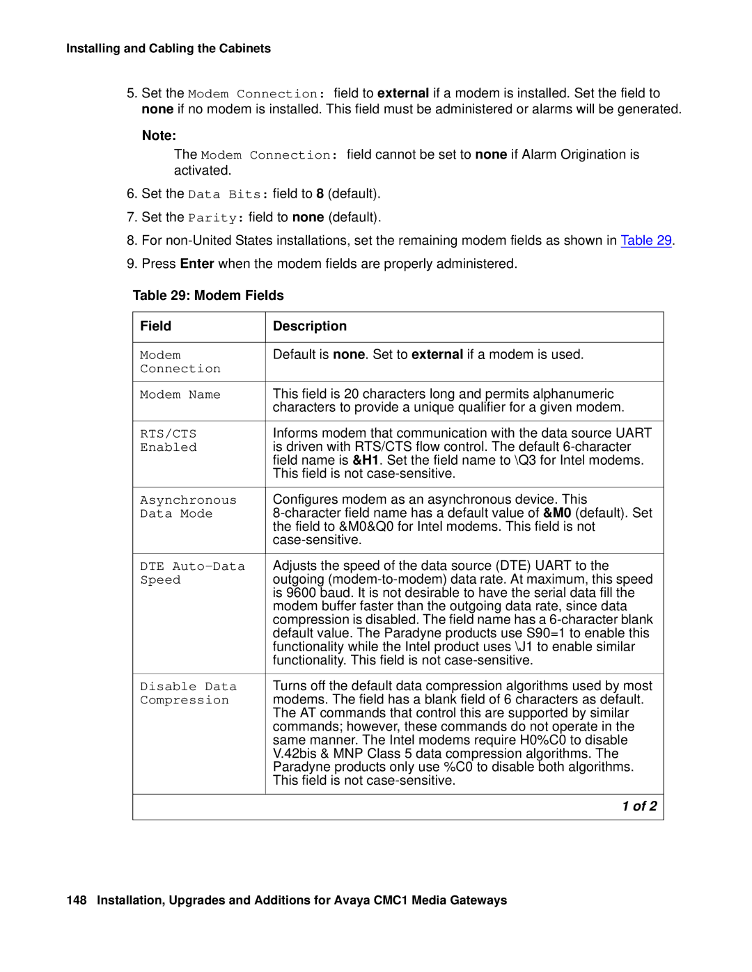 Avaya CMC1 manual Modem Fields Description 