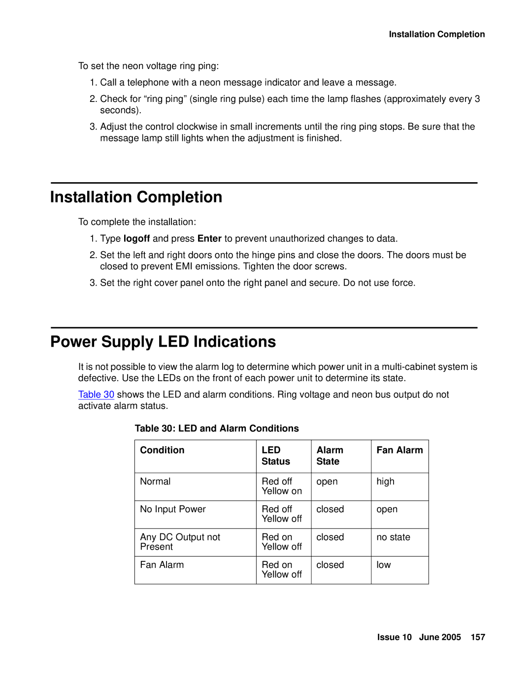 Avaya CMC1 Installation Completion, Power Supply LED Indications, LED and Alarm Conditions, Alarm Fan Alarm Status State 