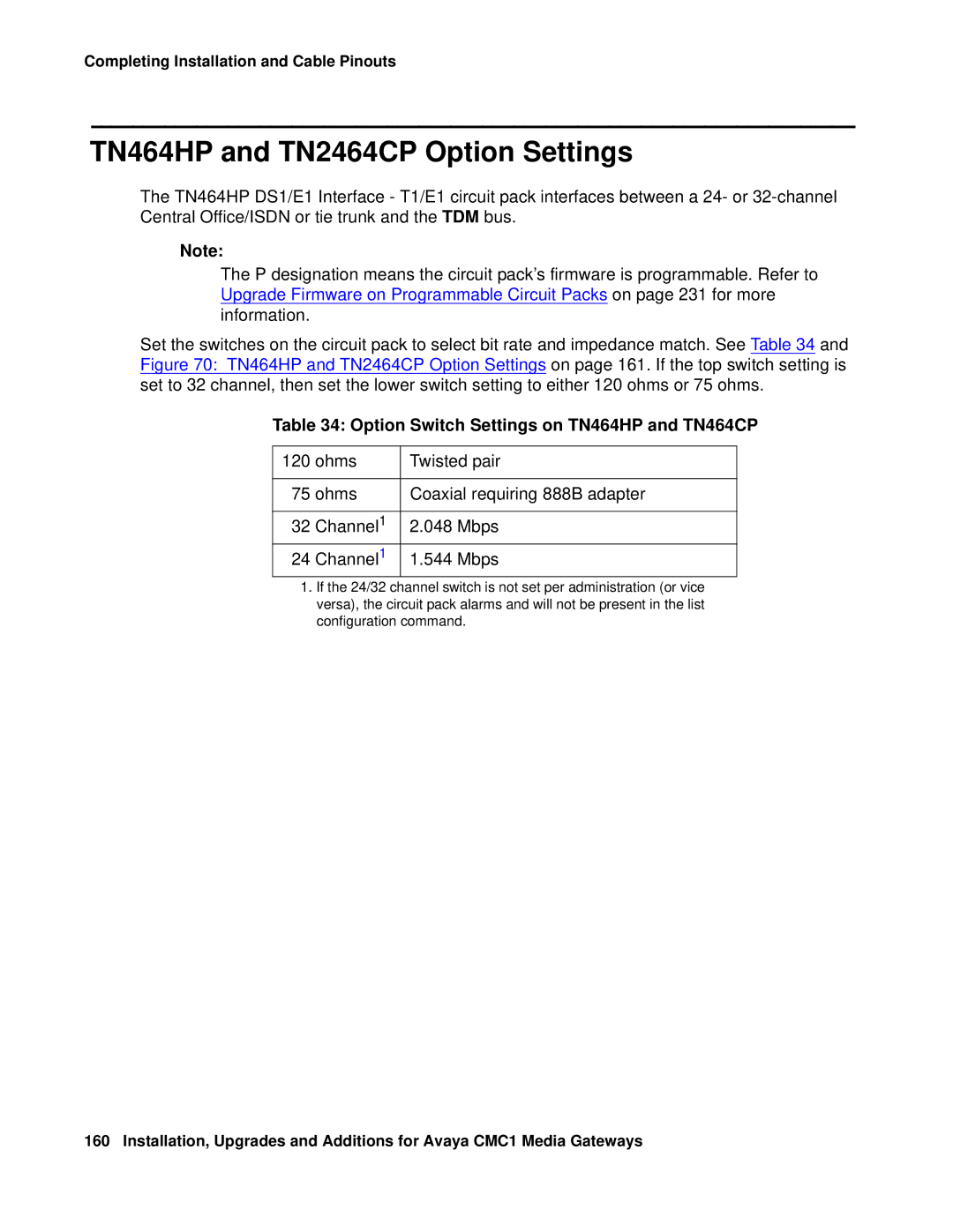 Avaya CMC1 manual TN464HP and TN2464CP Option Settings, Option Switch Settings on TN464HP and TN464CP 