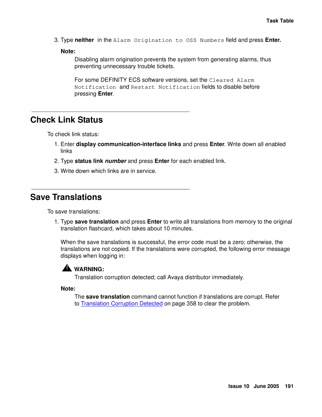 Avaya CMC1 manual Check Link Status, Save Translations 