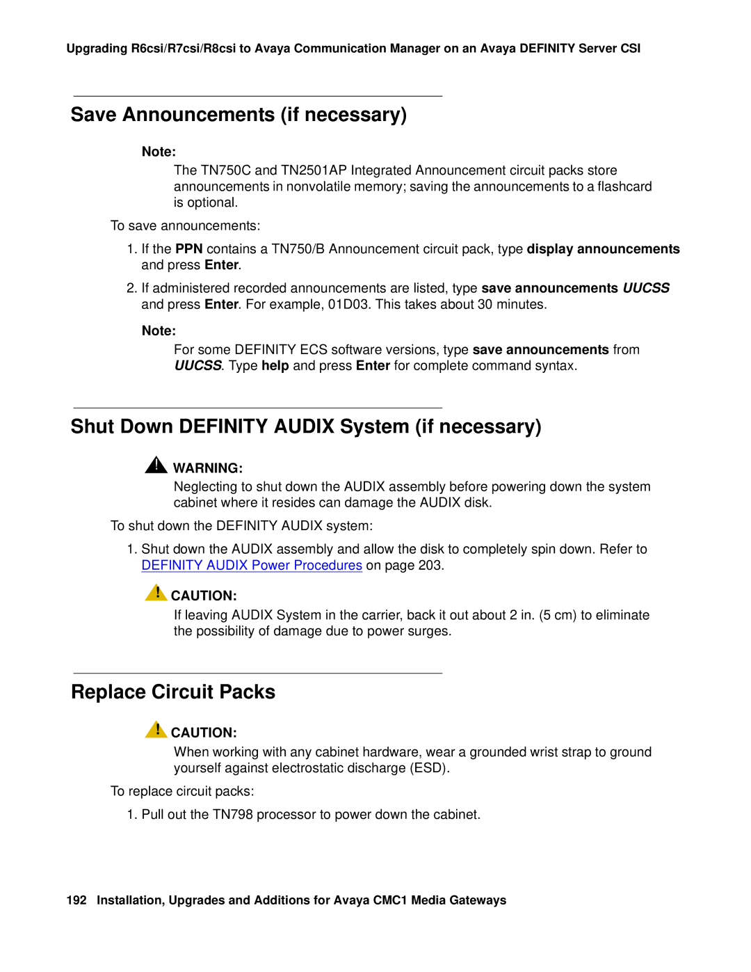 Avaya CMC1 manual Save Announcements if necessary, Shut Down Definity Audix System if necessary, Replace Circuit Packs 