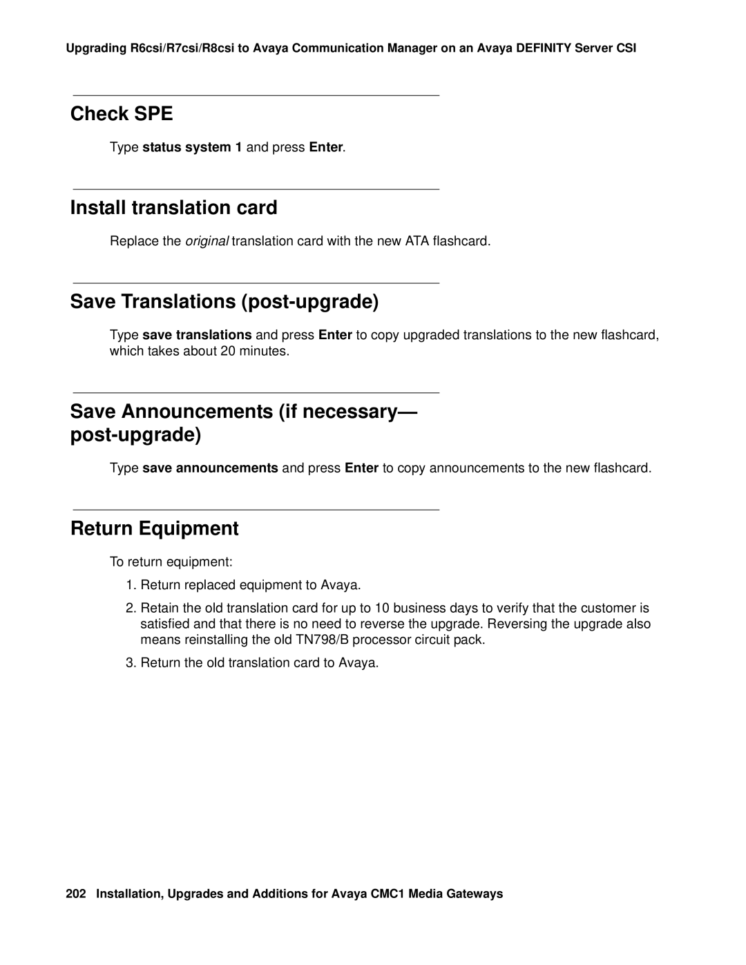 Avaya CMC1 manual Install translation card, Save Translations post-upgrade, Save Announcements if necessary- post-upgrade 