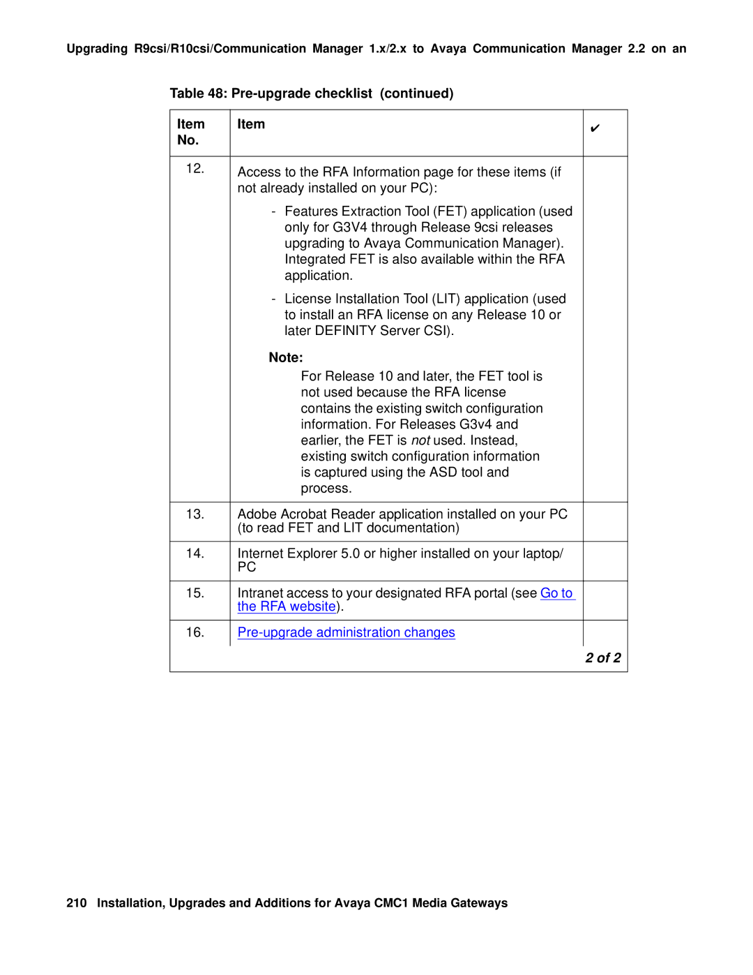 Avaya CMC1 manual RFA website Pre-upgrade administration changes 