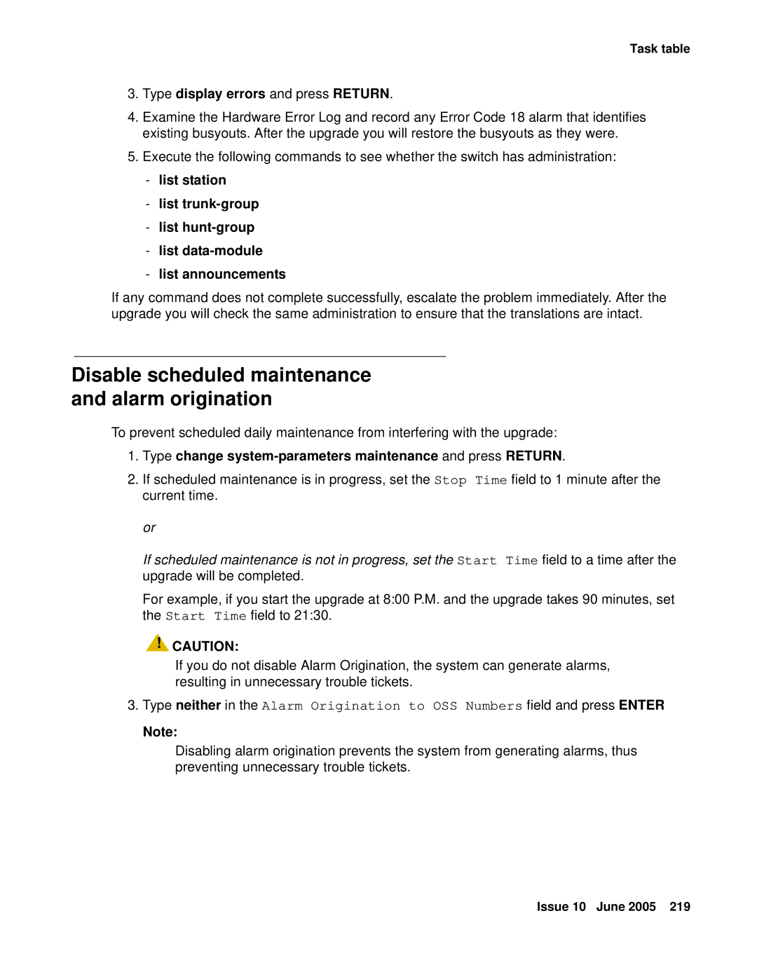 Avaya CMC1 manual Disable scheduled maintenance and alarm origination, Type display errors and press Return 