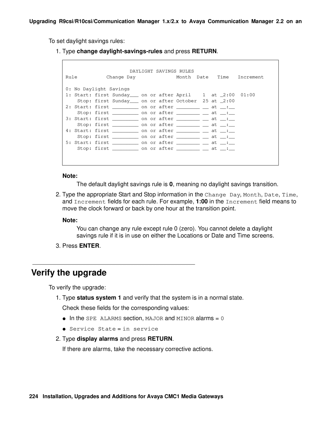 Avaya CMC1 manual Type change daylight-savings-rules and press Return, Type display alarms and press Return 