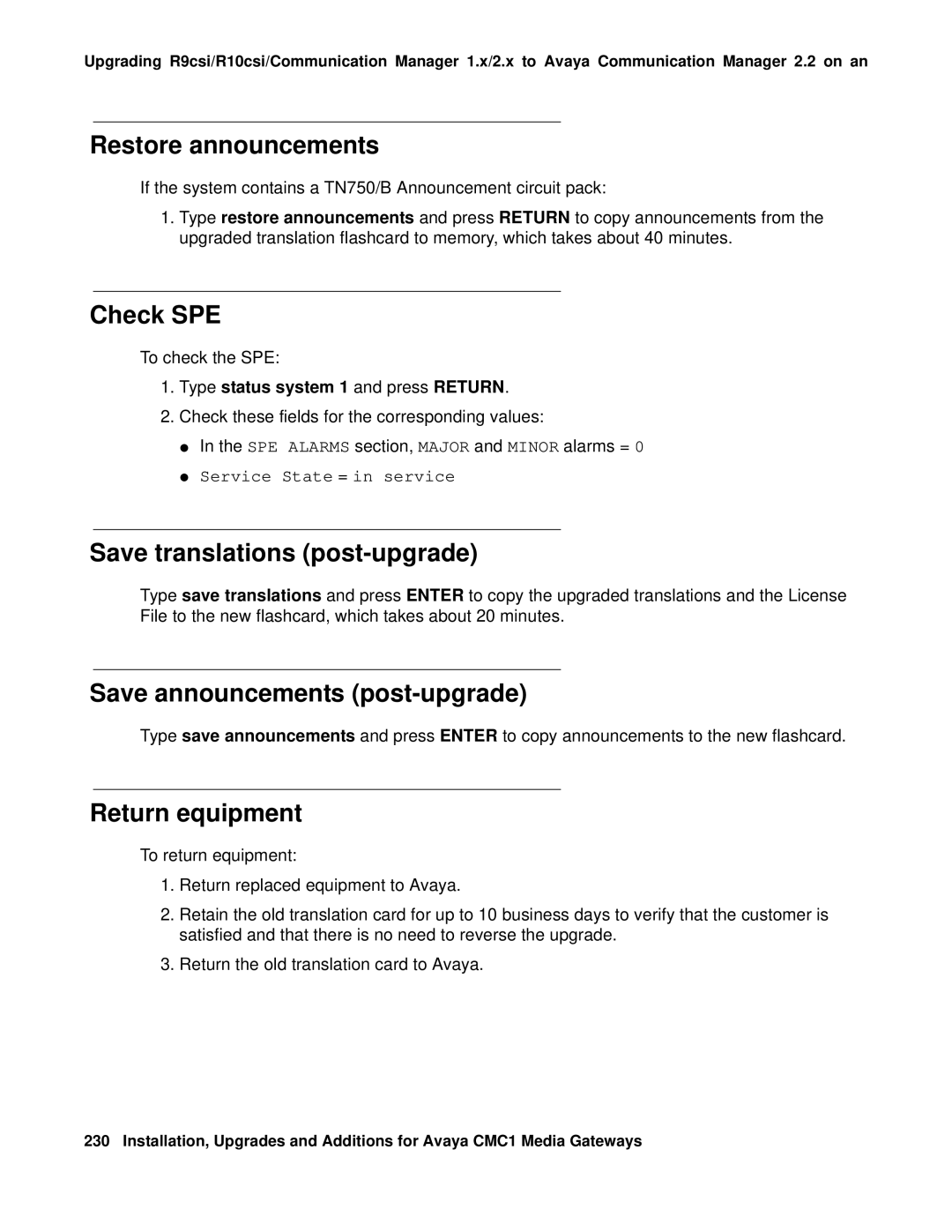 Avaya CMC1 manual Restore announcements, Save announcements post-upgrade 