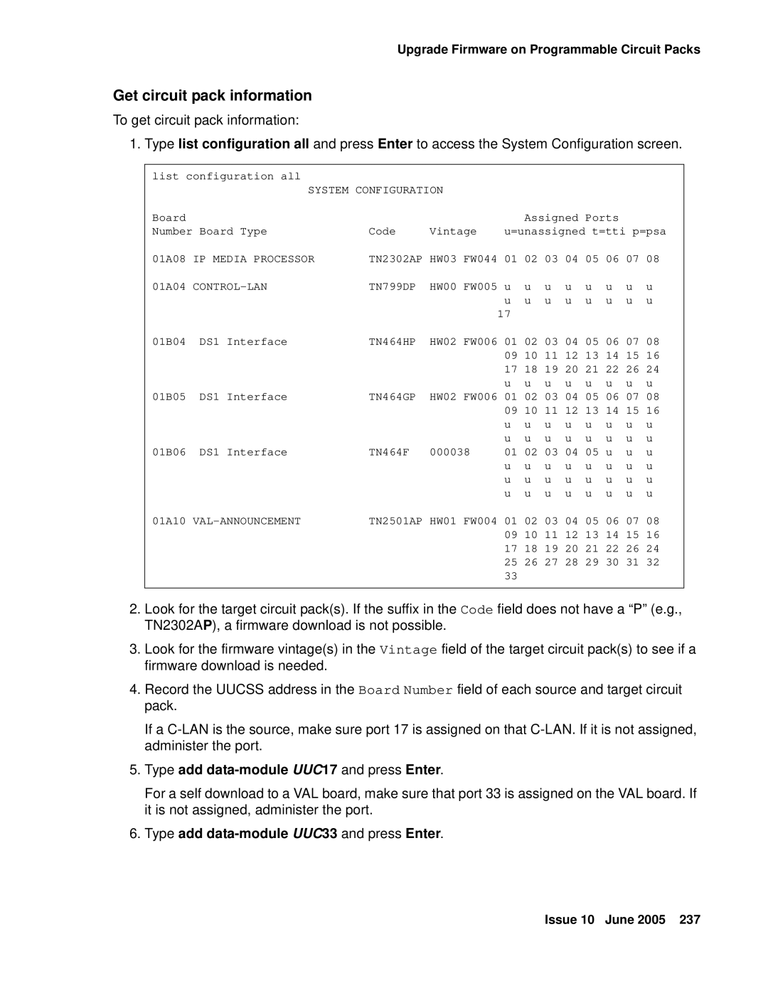 Avaya CMC1 manual Get circuit pack information, Type add data-module UUC17 and press Enter 