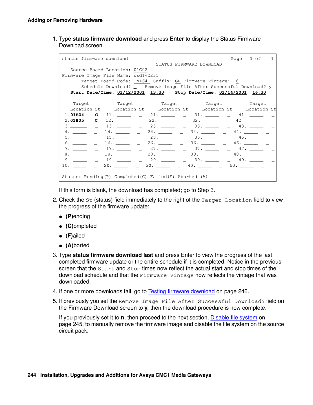 Avaya CMC1 manual Status Firmware Download 