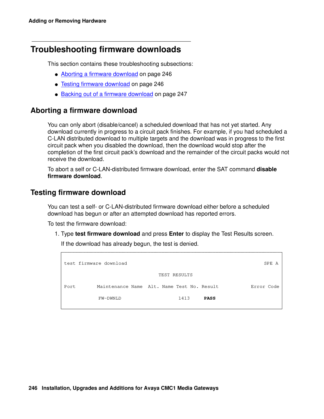 Avaya CMC1 manual Troubleshooting firmware downloads, Aborting a firmware download, Testing firmware download 