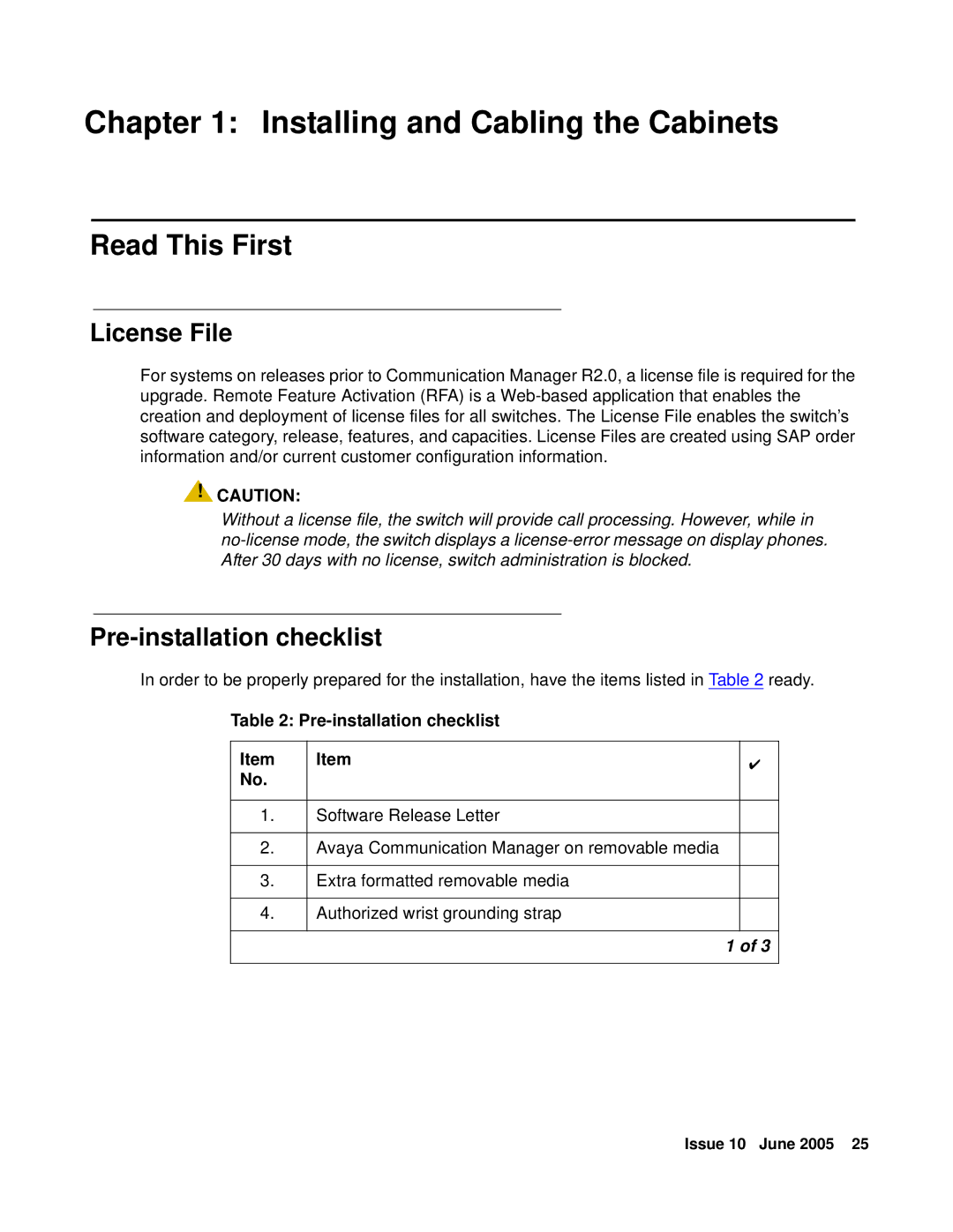 Avaya CMC1 manual Read This First, License File, Pre-installation checklist 