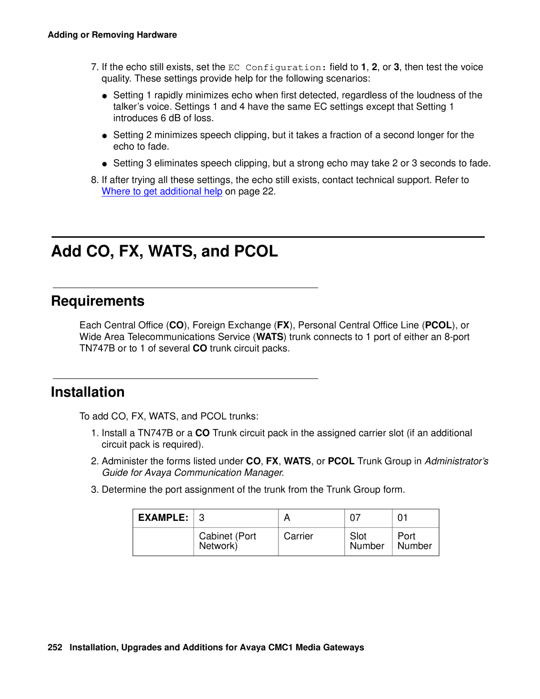 Avaya CMC1 manual Add CO, FX, WATS, and Pcol, Requirements, Installation 