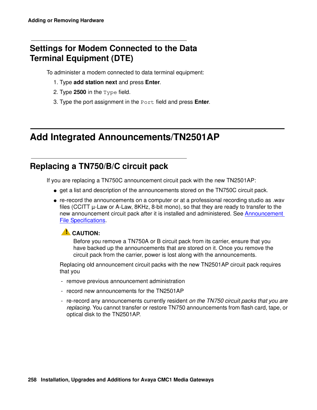 Avaya CMC1 manual Add Integrated Announcements/TN2501AP, Replacing a TN750/B/C circuit pack 