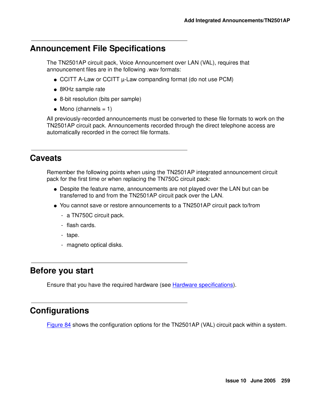 Avaya CMC1 manual Announcement File Specifications, Caveats, Before you start, Configurations 