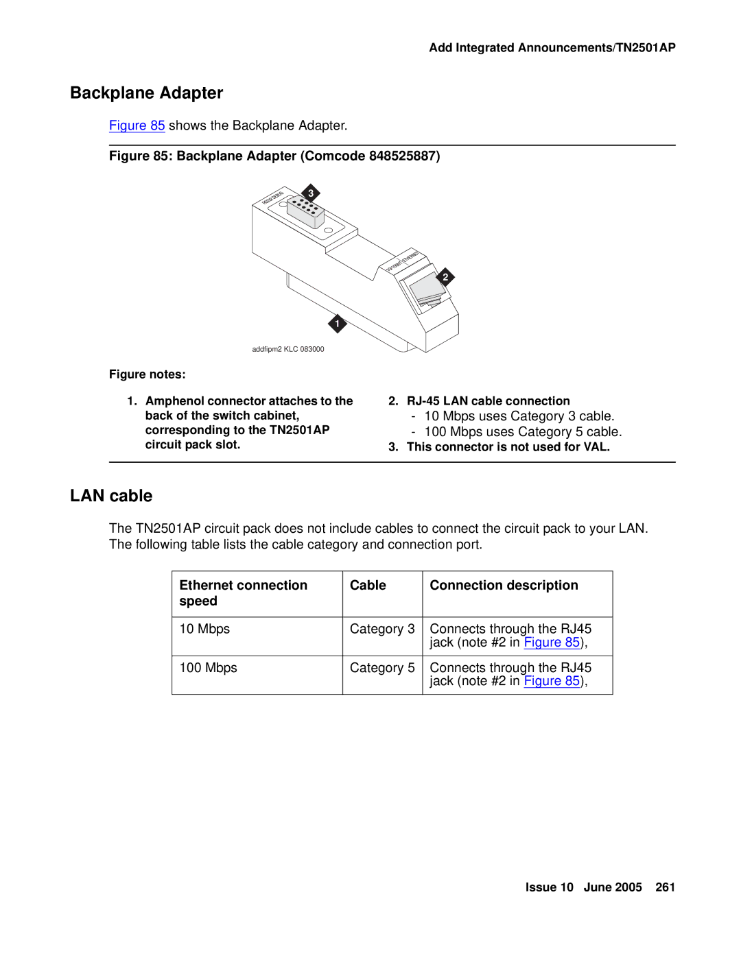 Avaya CMC1 manual Backplane Adapter, LAN cable, Mbps uses Category 3 cable, Mbps uses Category 5 cable 