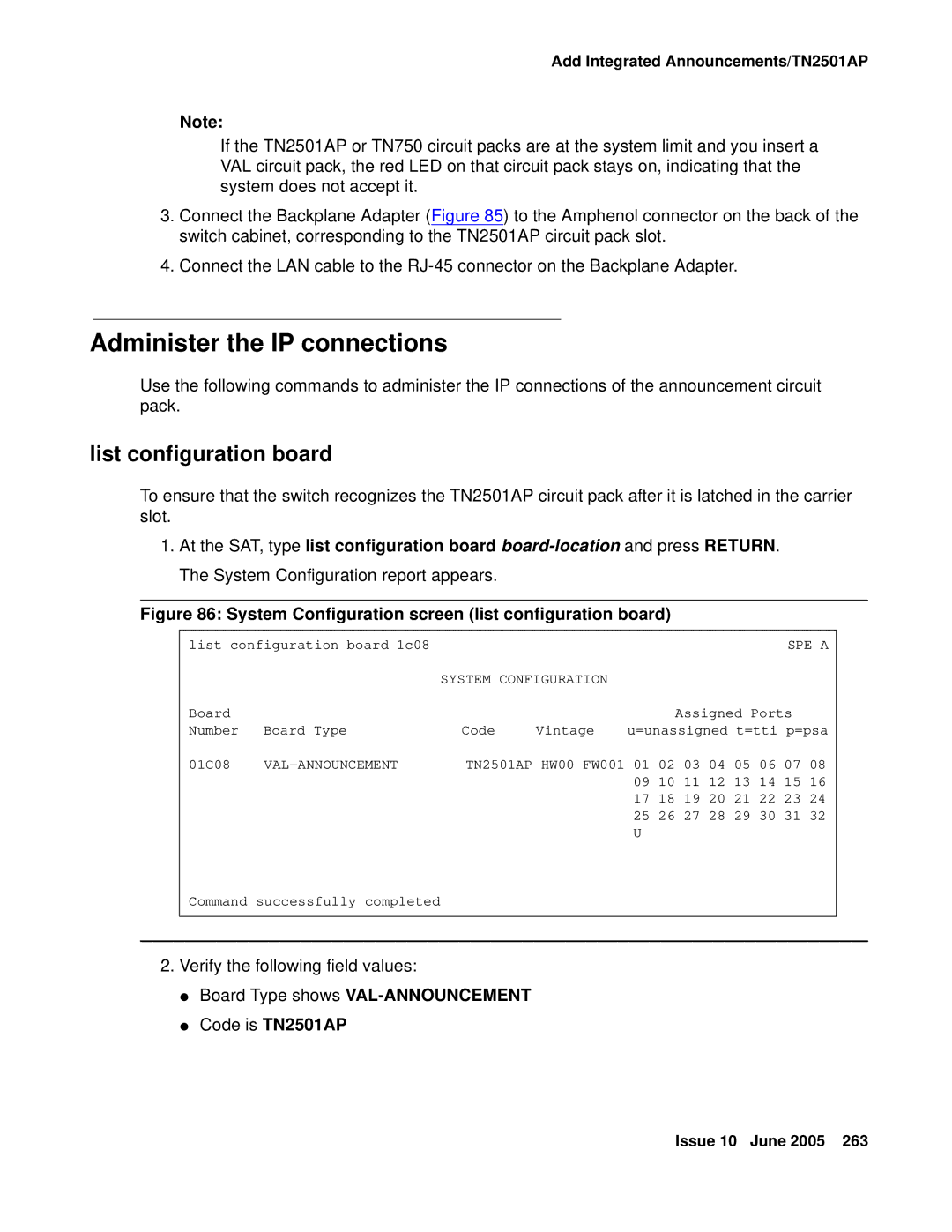 Avaya CMC1 manual Administer the IP connections, List configuration board 