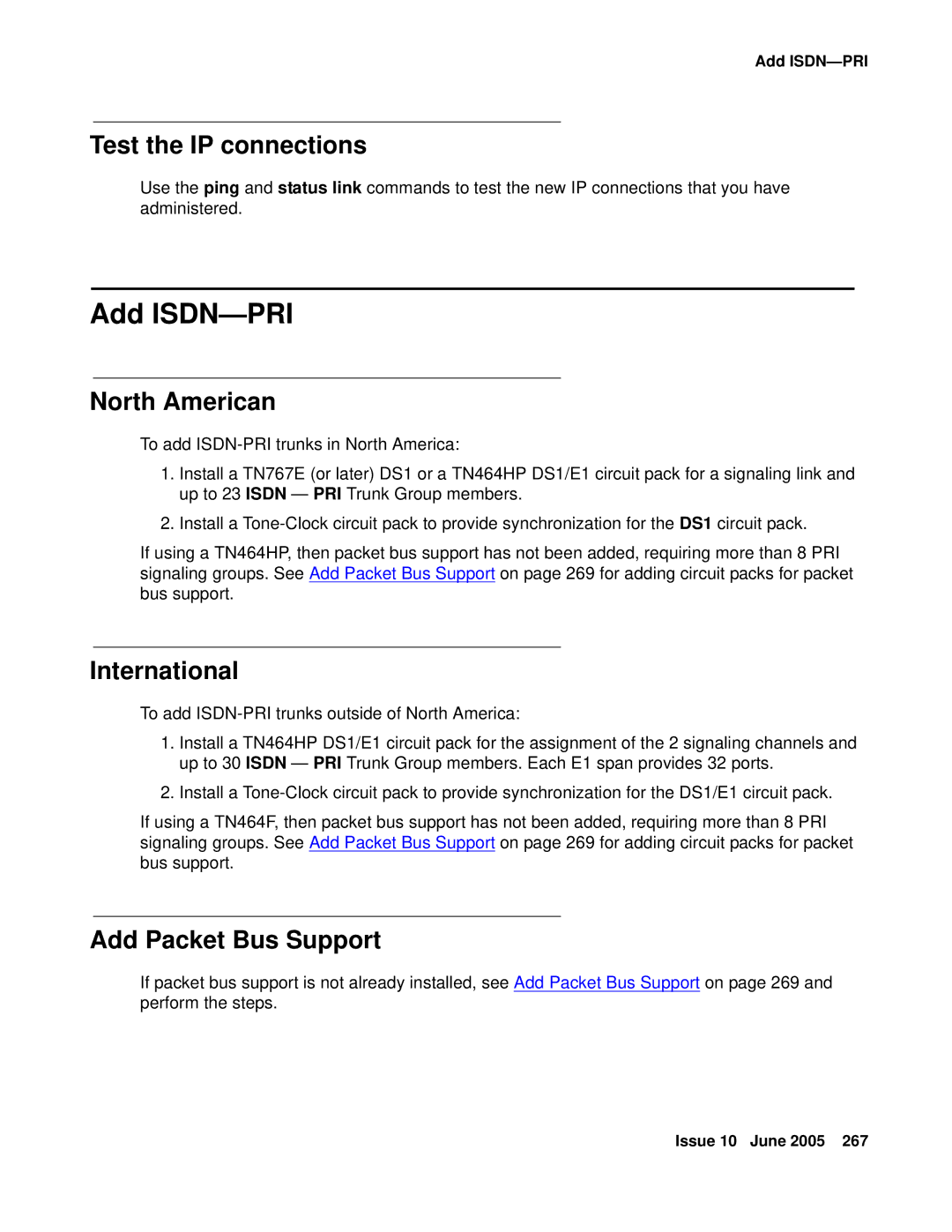 Avaya CMC1 manual Add ISDN-PRI, Test the IP connections, North American, International, Add Packet Bus Support 