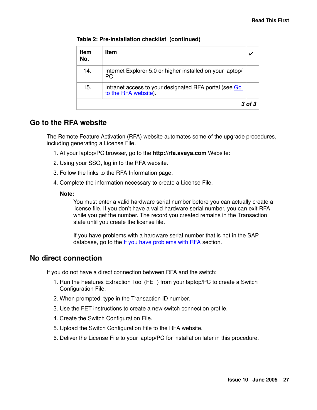 Avaya CMC1 manual Go to the RFA website, No direct connection 