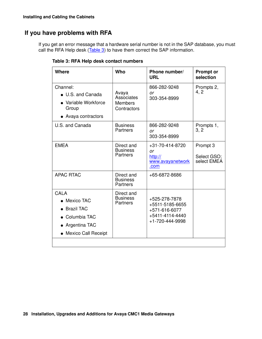 Avaya CMC1 manual If you have problems with RFA, Selection 