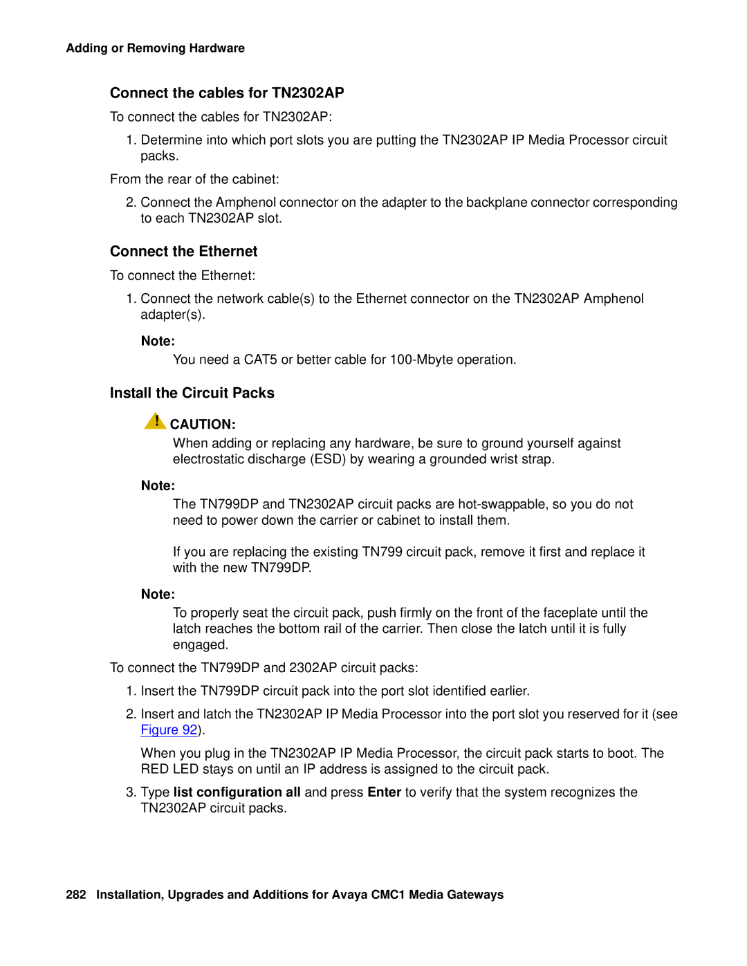 Avaya CMC1 manual Connect the cables for TN2302AP, Connect the Ethernet, Install the Circuit Packs 