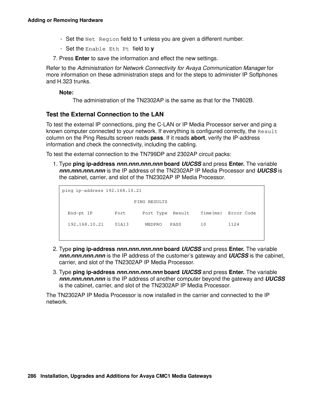 Avaya CMC1 manual Test the External Connection to the LAN, Ping Results, Medpro Pass 