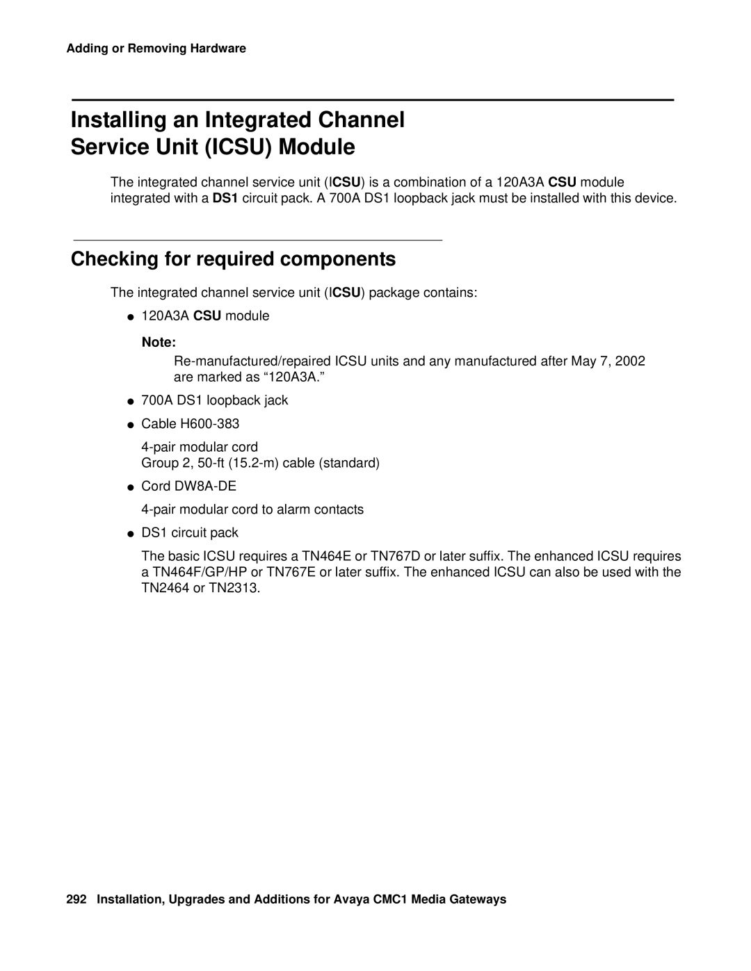 Avaya CMC1 manual Installing an Integrated Channel Service Unit Icsu Module, Checking for required components 