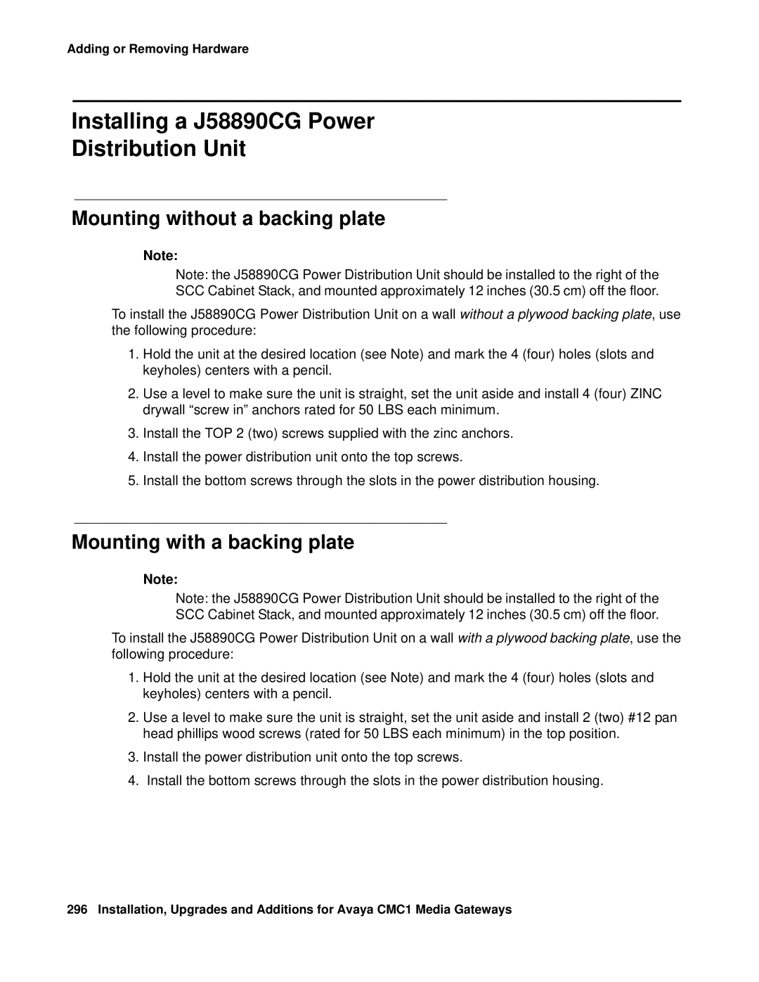 Avaya CMC1 Installing a J58890CG Power Distribution Unit, Mounting without a backing plate, Mounting with a backing plate 