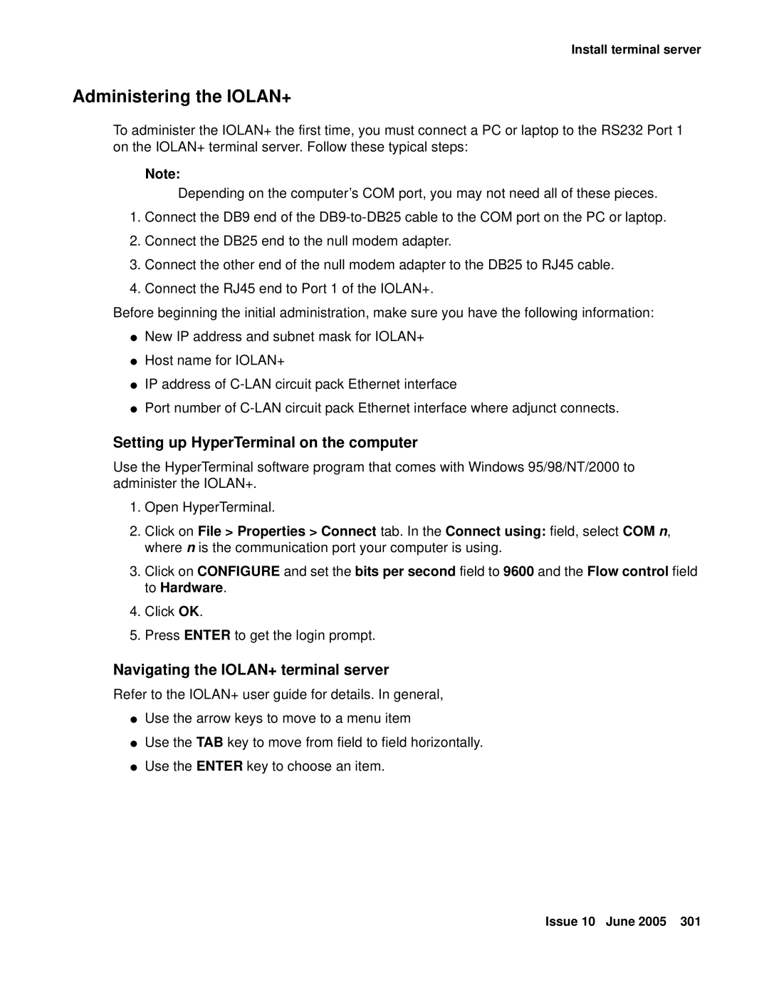 Avaya CMC1 manual Administering the IOLAN+, Setting up HyperTerminal on the computer, Navigating the IOLAN+ terminal server 