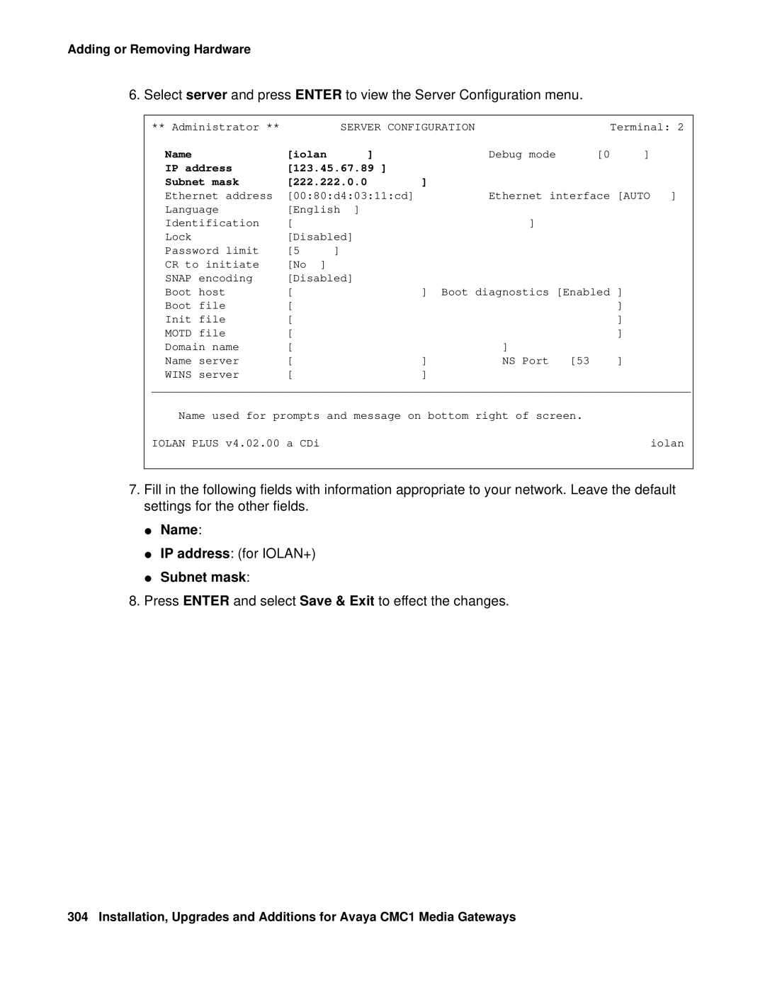 Avaya CMC1 manual Subnet mask, Server Configuration 